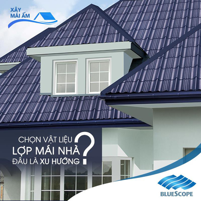 Poster đặt câu hỏi chọn vật liệu lợp mái nhà đâu là xu hướng, hình mái tôn sóng ngói màu xanh